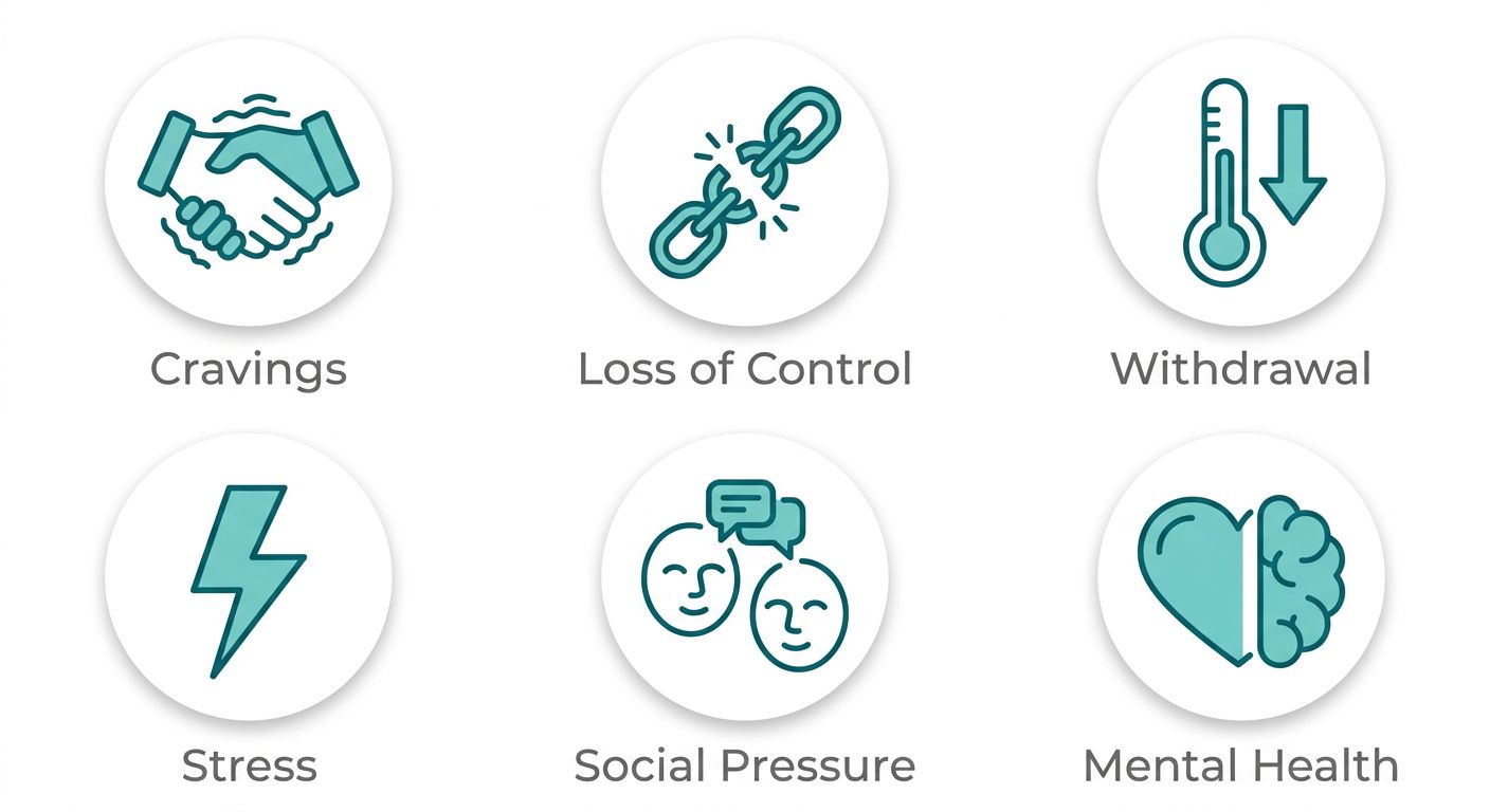 Grid of 6 outline style icons representing addiction symptoms and triggers