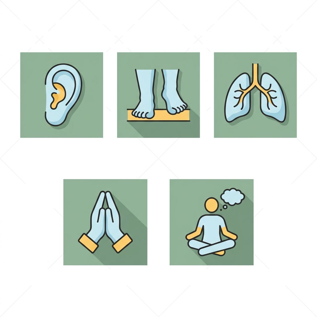 Set of five icons representing crisis intervention techniques: listening ear, grounding feet, breathing lungs, praying hands, and meditating figure in calming colors