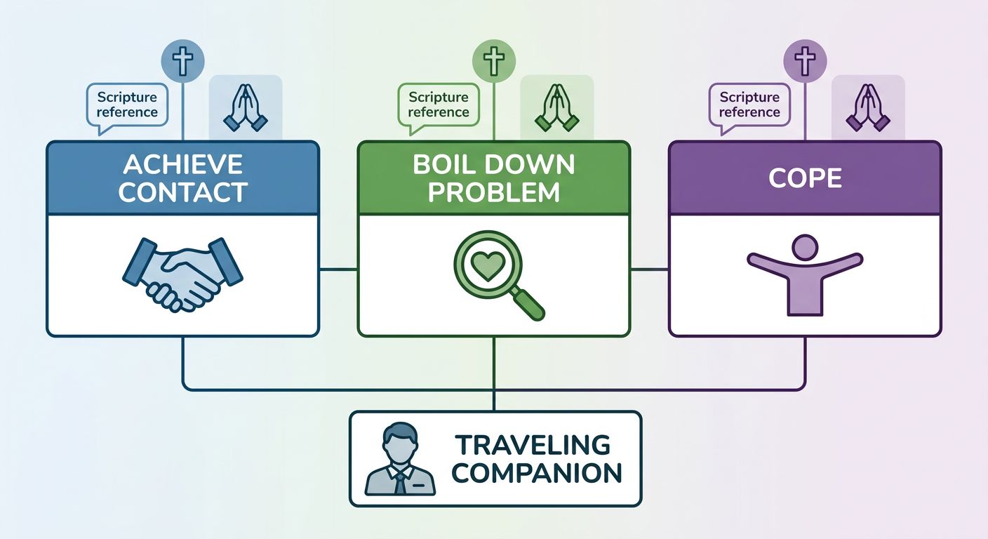 Horizontal three-step process flow for the crisis intervention model, showing icons for contact, problem-solving, and coping with faith overlays and a Traveling Companion support box.